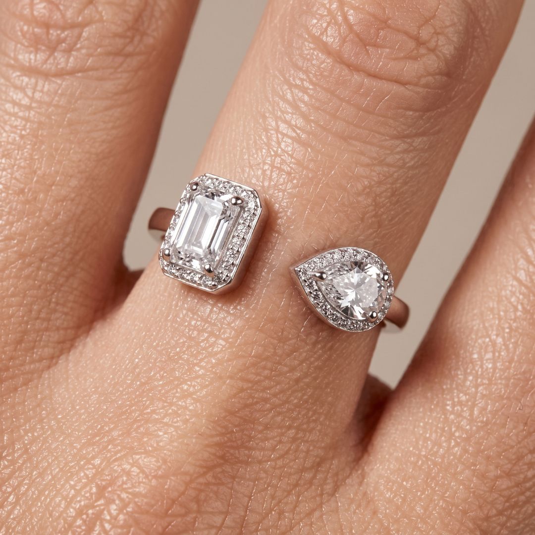 Bague Toi et Moi - Duo Émeraude & Poire Halo argent 925 rhodié