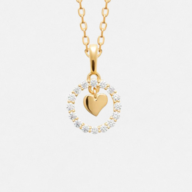 Collier Pendentif Cercle Zircons & Cœur - Plaqué Or