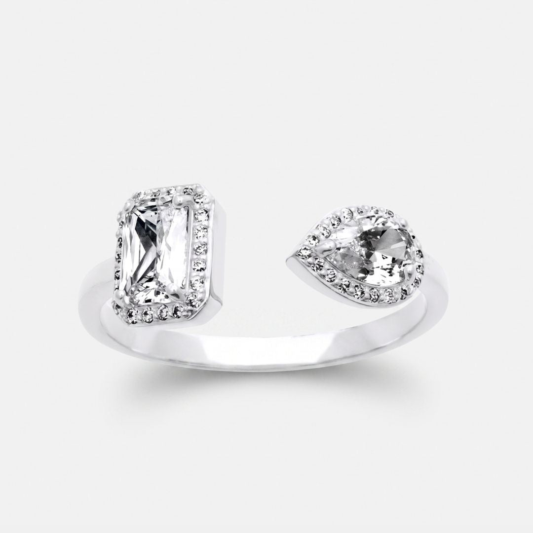 Bague Toi et Moi - Duo Émeraude & Poire Halo argent 925 rhodié