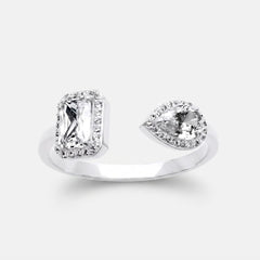 Emerald-Cut & Pear Halo Toi et Moi Ring – Rhodium-Plated 925 Sterling Silver