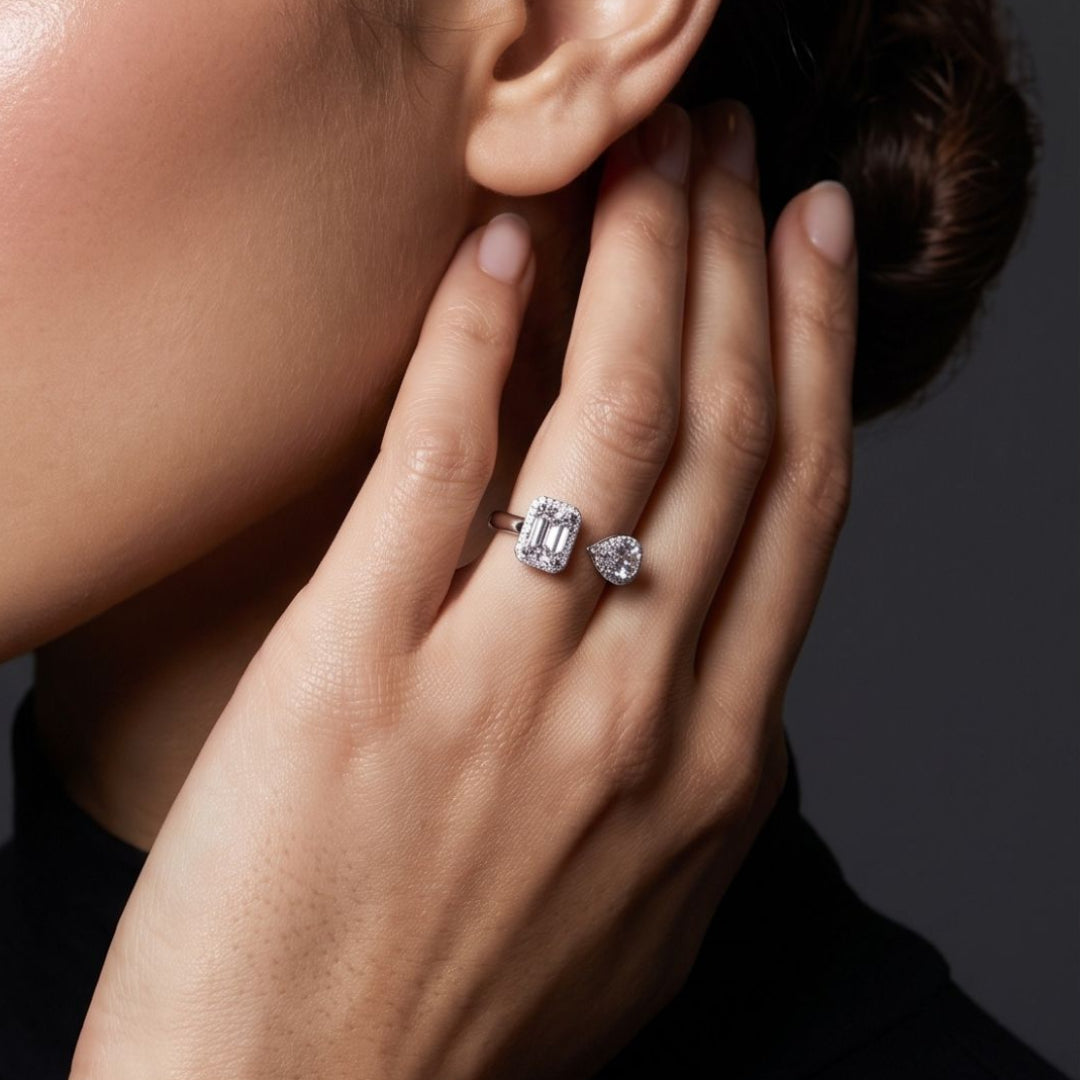 Bague Toi et Moi - Duo Émeraude & Poire Halo argent 925 rhodié