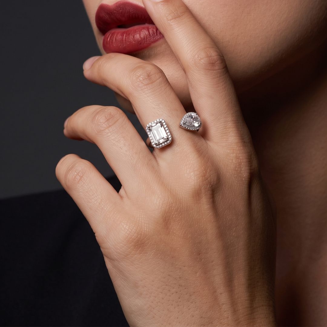 Bague Toi et Moi - Duo Émeraude & Poire Halo argent 925 rhodié