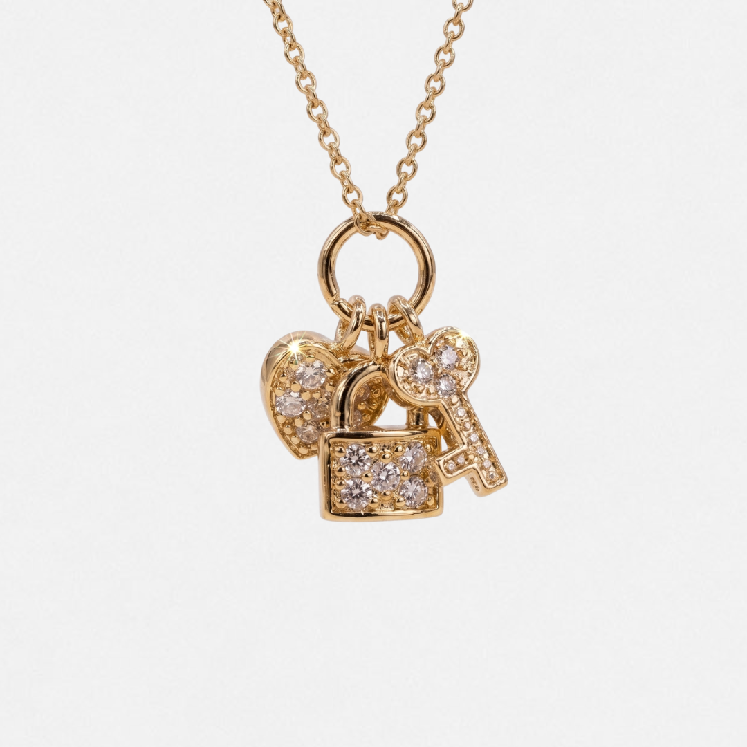 Collier charms cœur, cadenas & clé - Plaqué or