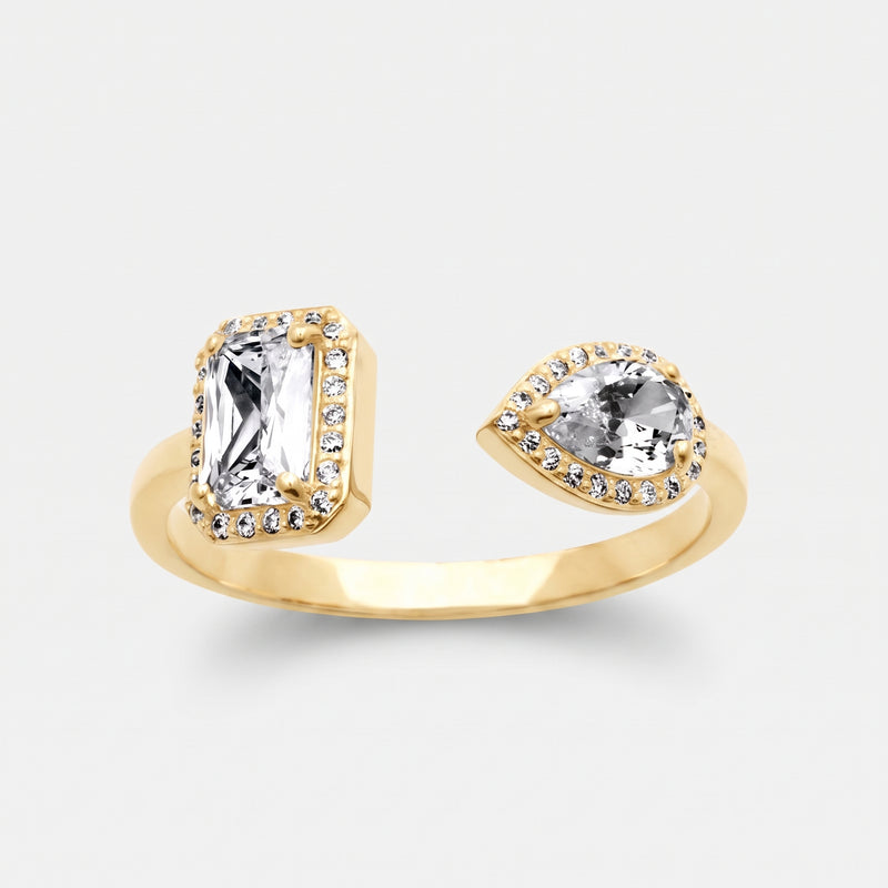Bague Toi et Moi - Duo Émeraude & Poire Halo plaqué or